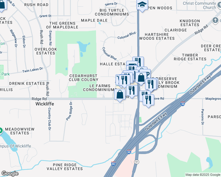 map of restaurants, bars, coffee shops, grocery stores, and more near 34251 Ridge Road in Willoughby