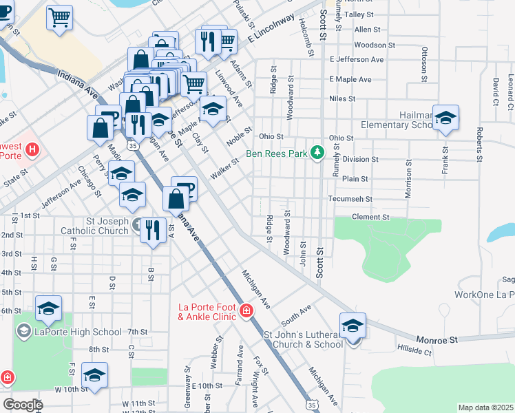 map of restaurants, bars, coffee shops, grocery stores, and more near 1110 Ridge Street in La Porte