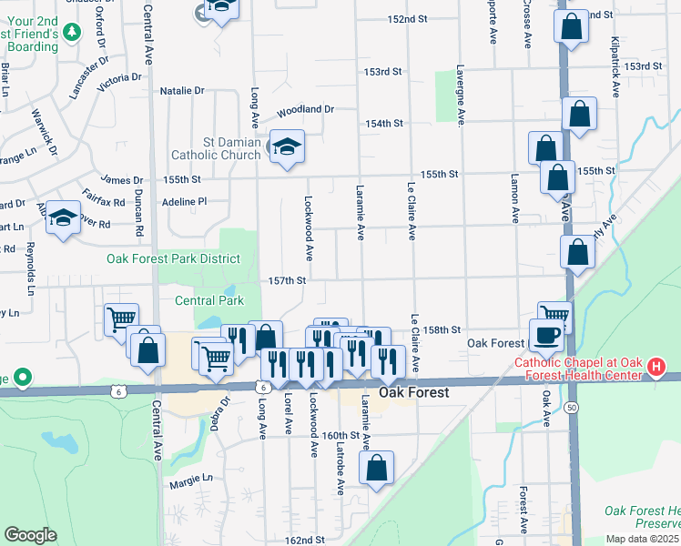 map of restaurants, bars, coffee shops, grocery stores, and more near 5224 157th Street in Oak Forest