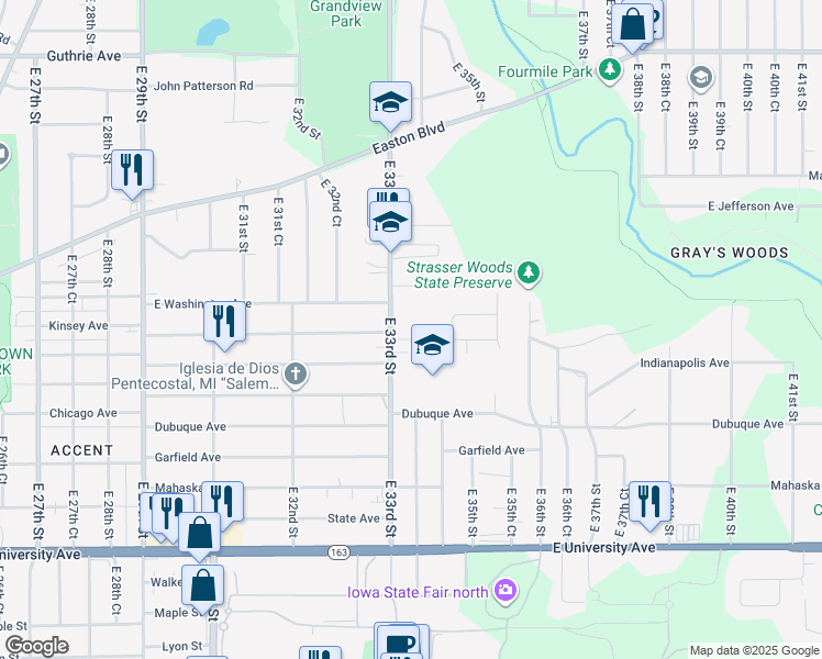 map of restaurants, bars, coffee shops, grocery stores, and more near 3312 Kinsey Avenue in Des Moines
