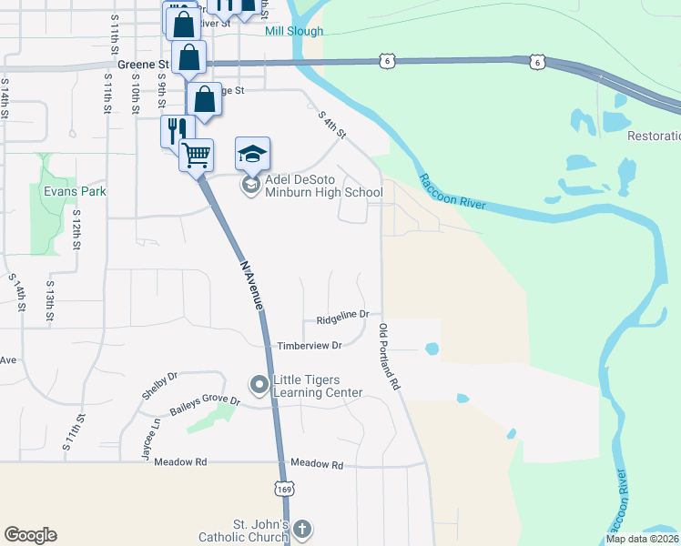 map of restaurants, bars, coffee shops, grocery stores, and more near 1334 South 6th Street in Adel