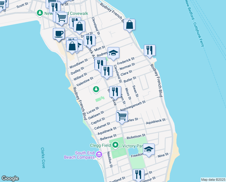 map of restaurants, bars, coffee shops, grocery stores, and more near 520 Brock Avenue in New Bedford