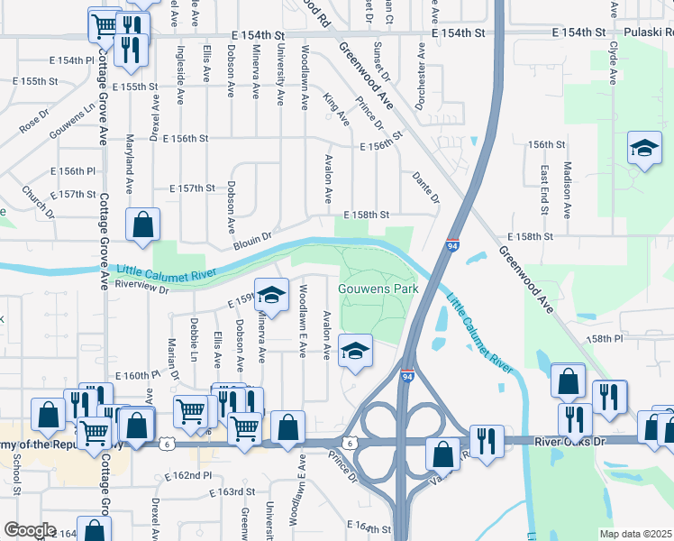 map of restaurants, bars, coffee shops, grocery stores, and more near 1232 East 159th Place in South Holland