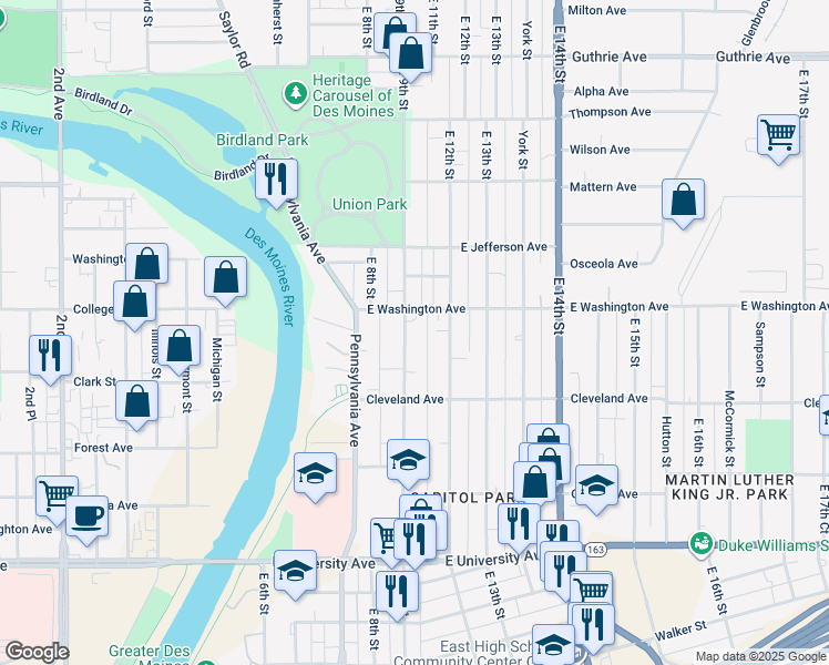map of restaurants, bars, coffee shops, grocery stores, and more near 1519 East 9th Street in Des Moines