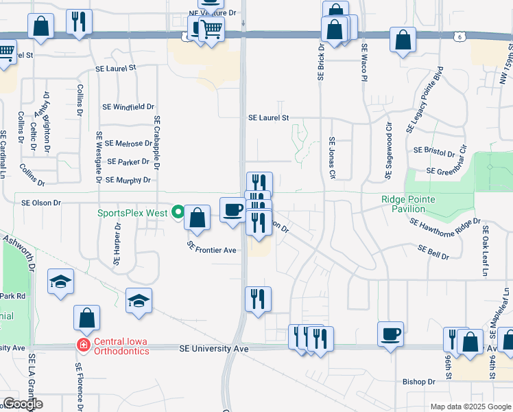 map of restaurants, bars, coffee shops, grocery stores, and more near 595 Southeast Alice's Road in Waukee