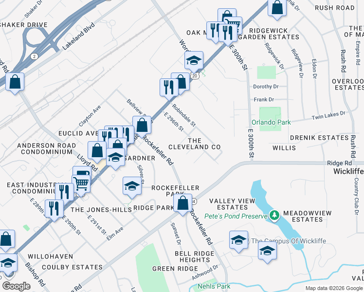 map of restaurants, bars, coffee shops, grocery stores, and more near 29528 Catawba Street in Wickliffe