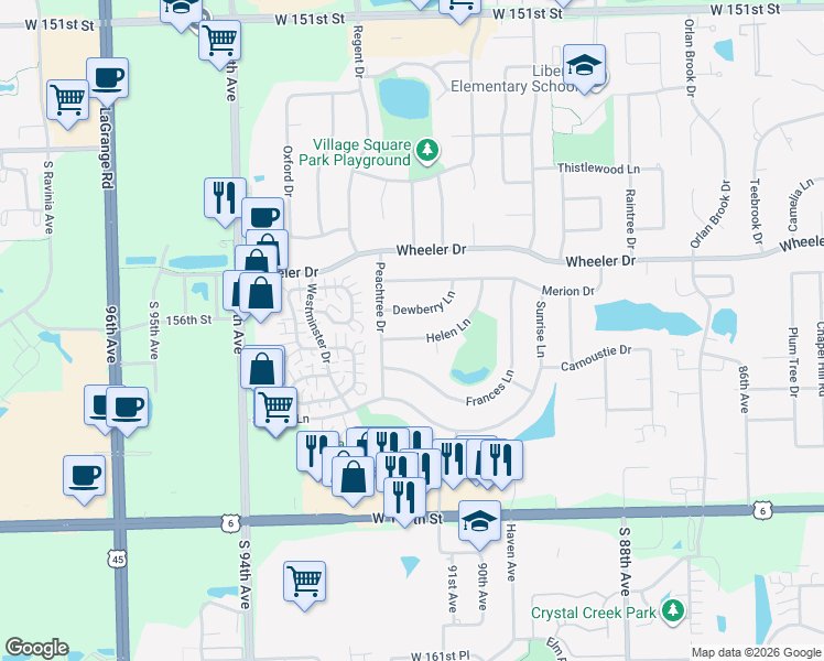 map of restaurants, bars, coffee shops, grocery stores, and more near 9130 Helen Lane in Orland Park