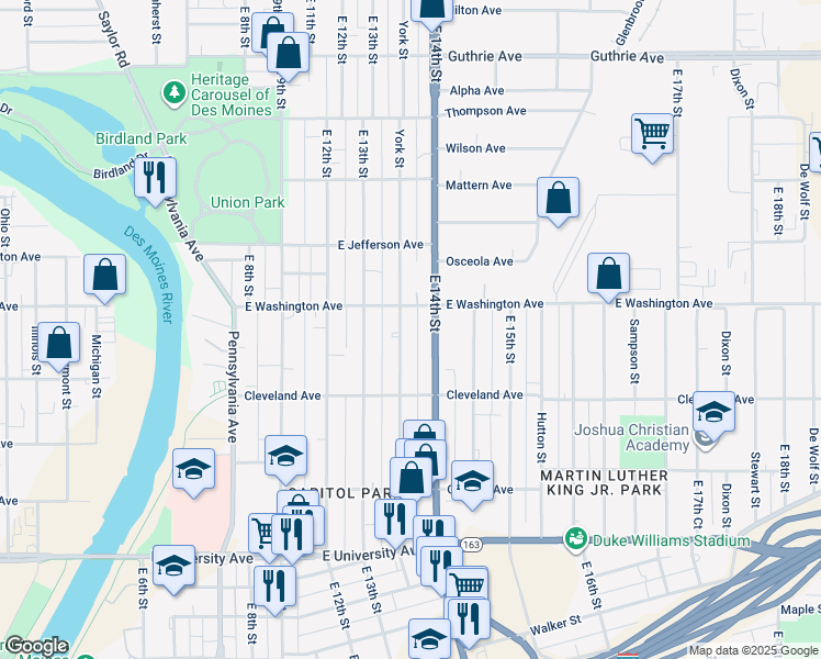 map of restaurants, bars, coffee shops, grocery stores, and more near 1519 York Street in Des Moines
