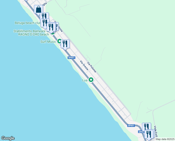 map of restaurants, bars, coffee shops, grocery stores, and more near 172 Via Svezia in Torvaianica