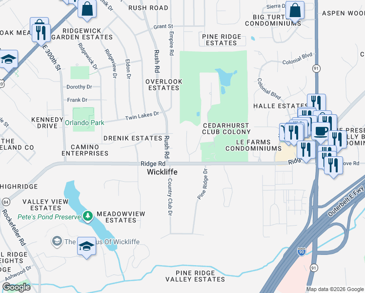 map of restaurants, bars, coffee shops, grocery stores, and more near 1940 Fairway Drive in Wickliffe