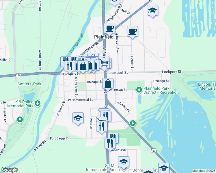 map of restaurants, bars, coffee shops, grocery stores, and more near 15129 Illinois Route 59 in Plainfield