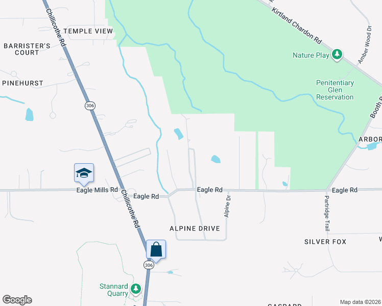 map of restaurants, bars, coffee shops, grocery stores, and more near 8307 Eagle Road in Kirtland