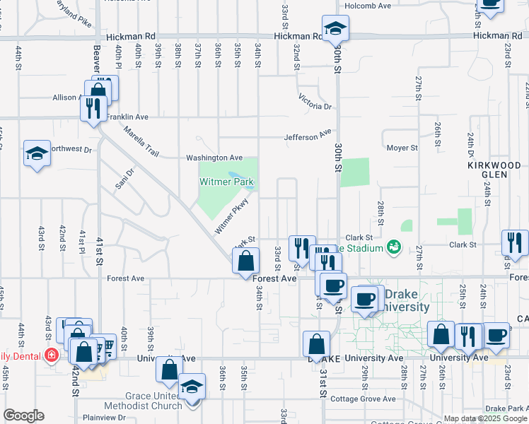 map of restaurants, bars, coffee shops, grocery stores, and more near 1535 34th Street in Des Moines