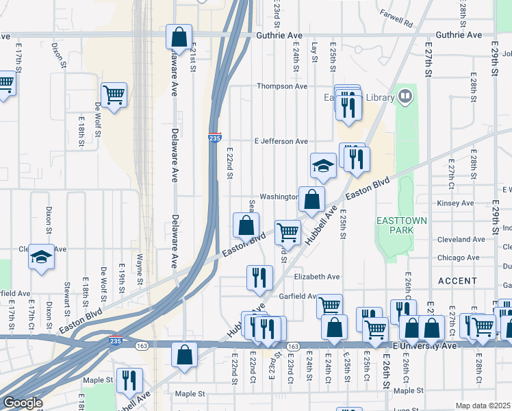 map of restaurants, bars, coffee shops, grocery stores, and more near 1519 Searle Street in Des Moines