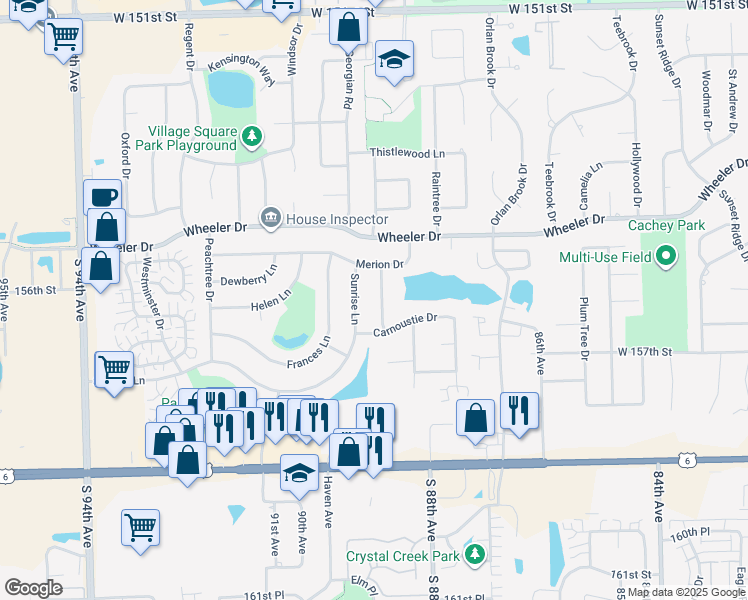 map of restaurants, bars, coffee shops, grocery stores, and more near 15580 Kemper Drive in Orland Park