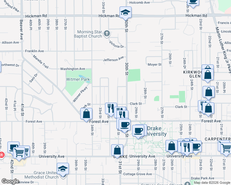 map of restaurants, bars, coffee shops, grocery stores, and more near 1534 31st Street in Des Moines