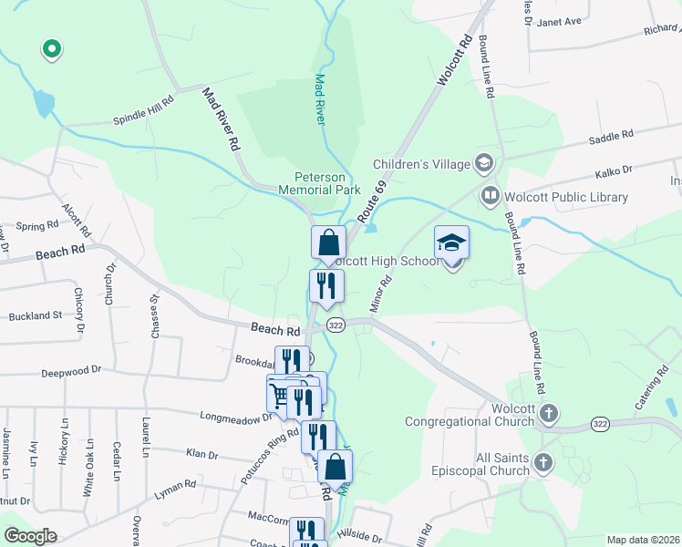 map of restaurants, bars, coffee shops, grocery stores, and more near 854 Wolcott Road in Wolcott