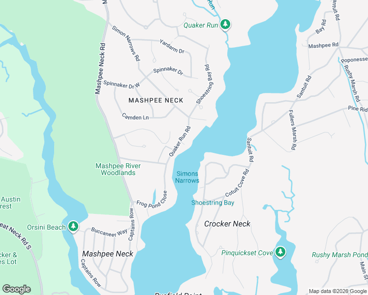 map of restaurants, bars, coffee shops, grocery stores, and more near 38 Quaker Run Road in Mashpee