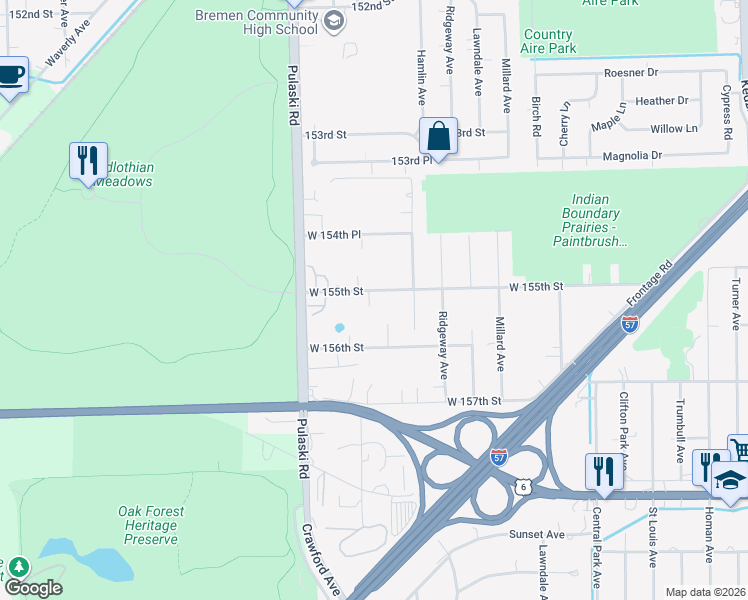 map of restaurants, bars, coffee shops, grocery stores, and more near 3837 West 155th Street in Markham