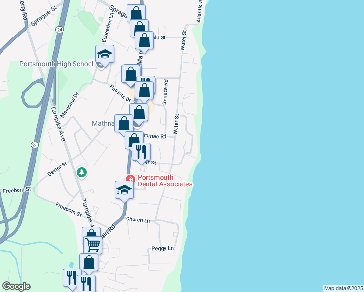 map of restaurants, bars, coffee shops, grocery stores, and more near 148 Power Street in Portsmouth