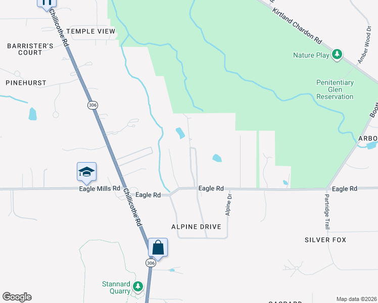 map of restaurants, bars, coffee shops, grocery stores, and more near 8307 Eagle Road in Kirtland
