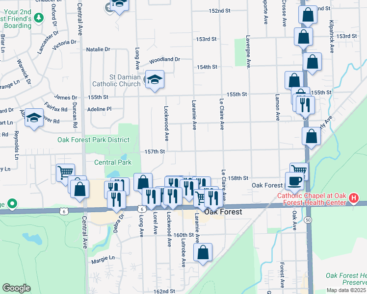 map of restaurants, bars, coffee shops, grocery stores, and more near 5224 157th Street in Oak Forest