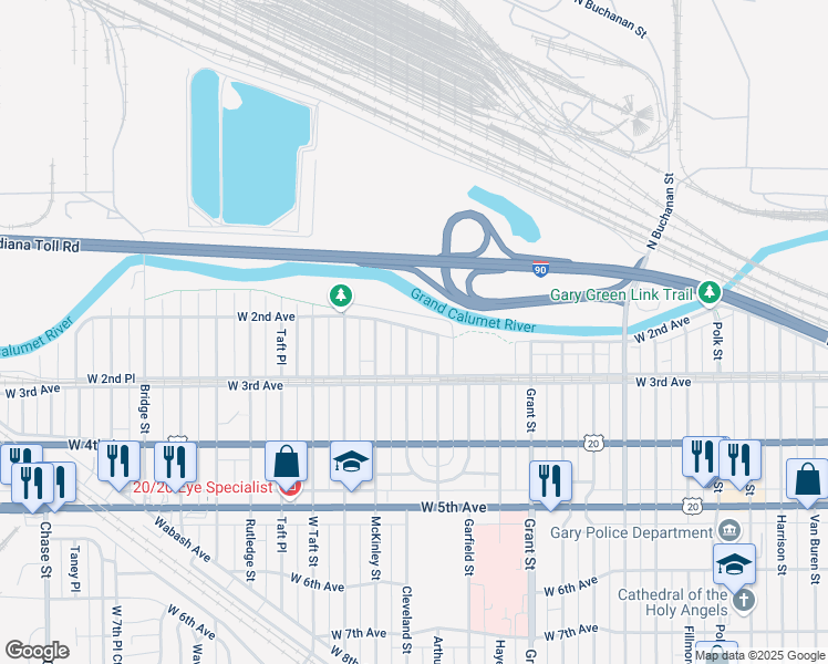 map of restaurants, bars, coffee shops, grocery stores, and more near 213 Cleveland Street in Gary