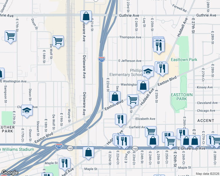 map of restaurants, bars, coffee shops, grocery stores, and more near 1517 East 22nd Street in Des Moines