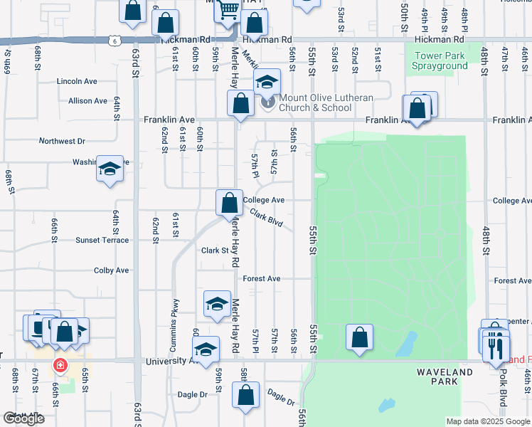 map of restaurants, bars, coffee shops, grocery stores, and more near 5707 Clark Boulevard in Des Moines