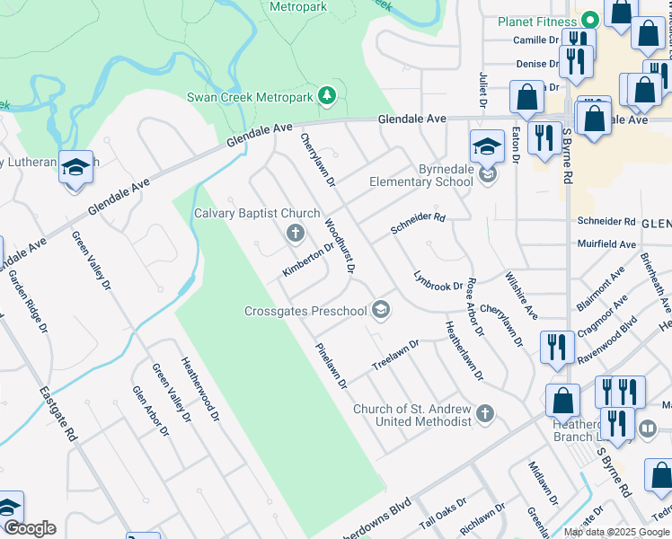 map of restaurants, bars, coffee shops, grocery stores, and more near 1741 Archwood Lane in Toledo