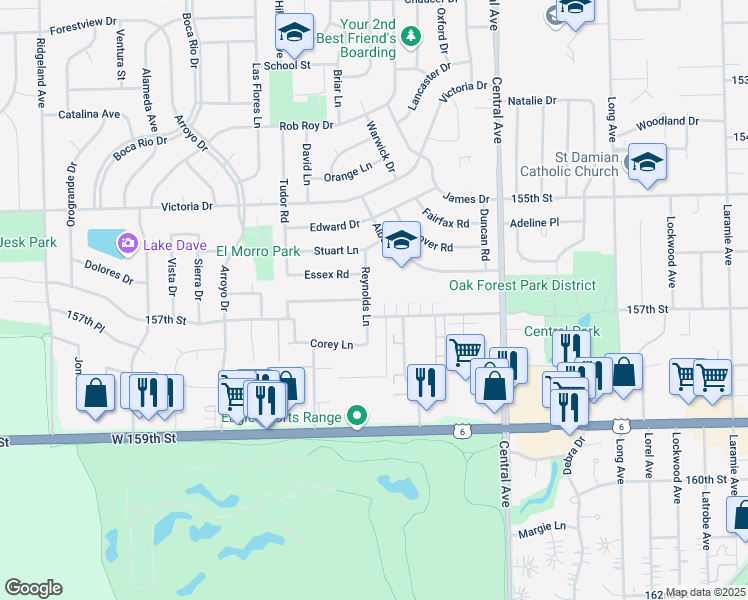 map of restaurants, bars, coffee shops, grocery stores, and more near 15637 Reynolds Lane in Oak Forest