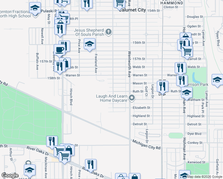 map of restaurants, bars, coffee shops, grocery stores, and more near 300 Ruth Street in Calumet City