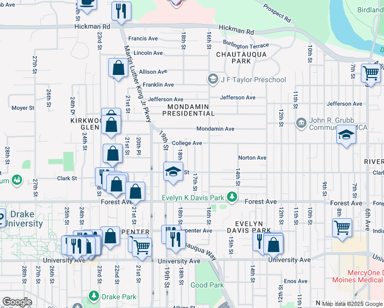 map of restaurants, bars, coffee shops, grocery stores, and more near 1532 17th Street in Des Moines