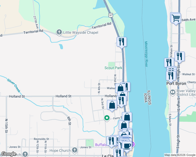 map of restaurants, bars, coffee shops, grocery stores, and more near 325 Chestnut Street in Le Claire