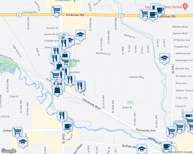 map of restaurants, bars, coffee shops, grocery stores, and more near 8190 Harbach Boulevard in Clive