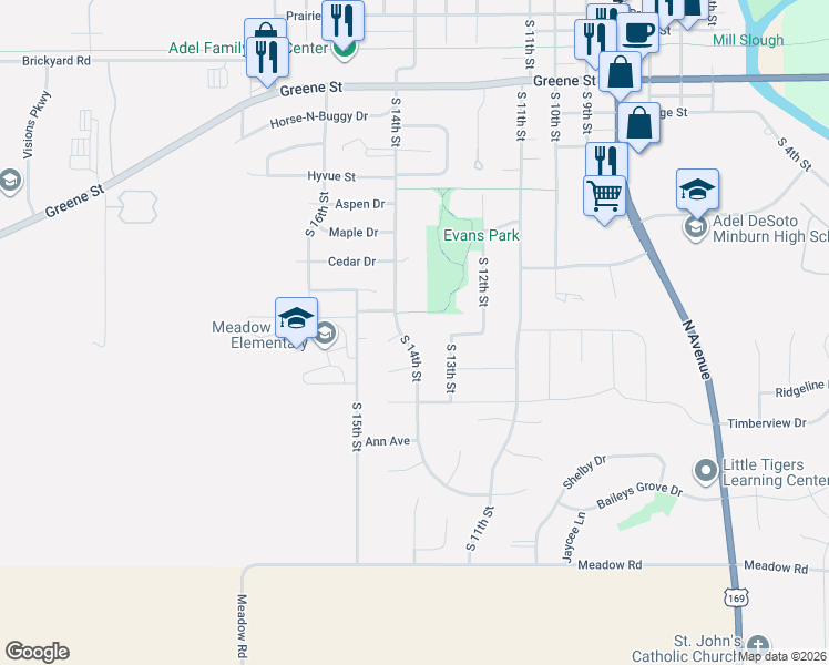 map of restaurants, bars, coffee shops, grocery stores, and more near 1213 South 14th Street in Adel