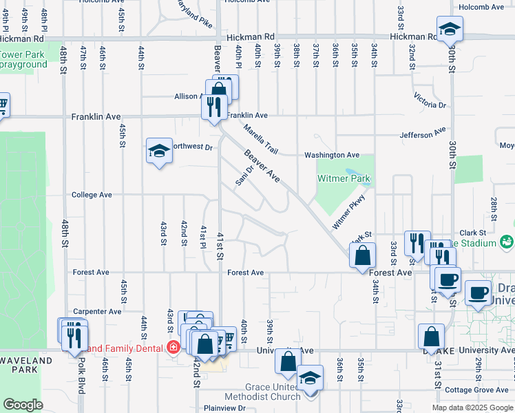 map of restaurants, bars, coffee shops, grocery stores, and more near 1601 Huntland Dr in Des Moines
