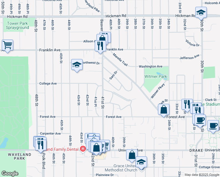 map of restaurants, bars, coffee shops, grocery stores, and more near 1539 Germania Drive in Des Moines
