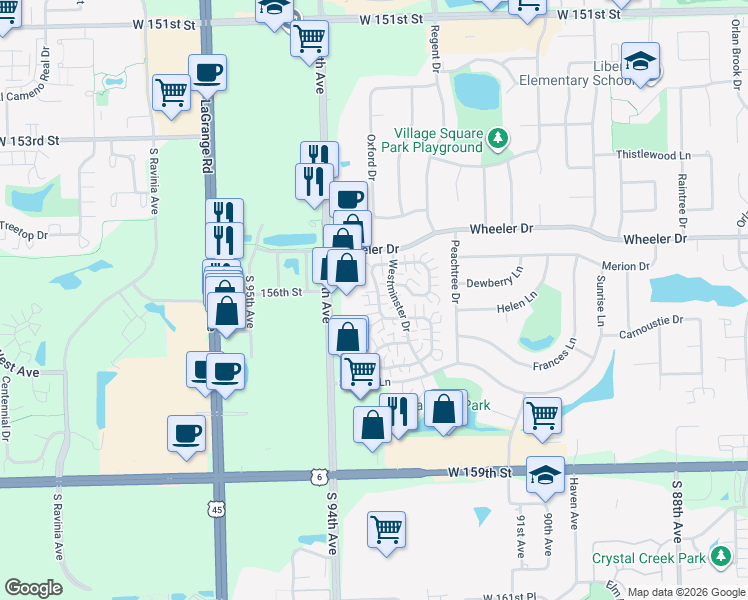 map of restaurants, bars, coffee shops, grocery stores, and more near 15530 Whitehall Lane in Orland Park