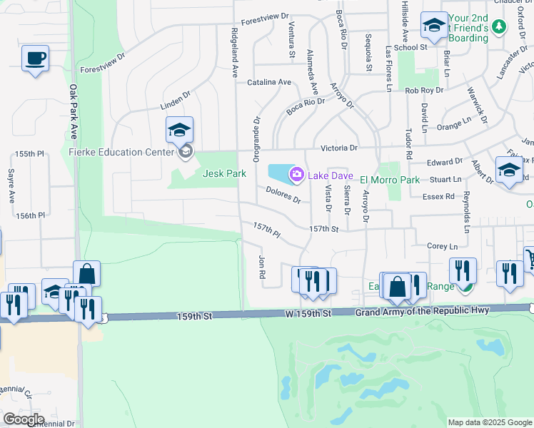 map of restaurants, bars, coffee shops, grocery stores, and more near 6305 157th Street in Oak Forest