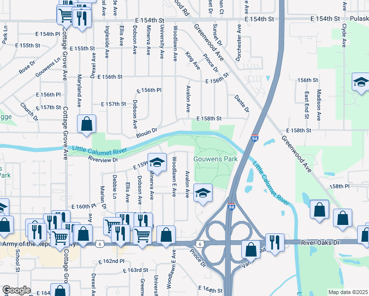 map of restaurants, bars, coffee shops, grocery stores, and more near 1212 East 159th Place in South Holland