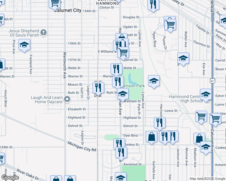 map of restaurants, bars, coffee shops, grocery stores, and more near 47 Ruth Street in Hammond