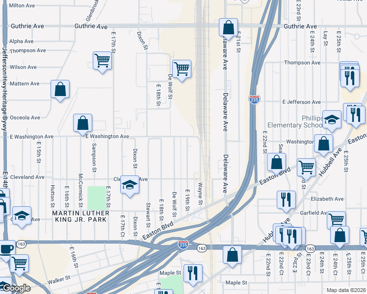 map of restaurants, bars, coffee shops, grocery stores, and more near 1526 East 19th Street in Des Moines