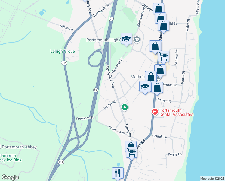 map of restaurants, bars, coffee shops, grocery stores, and more near 244 Turnpike Avenue in Portsmouth