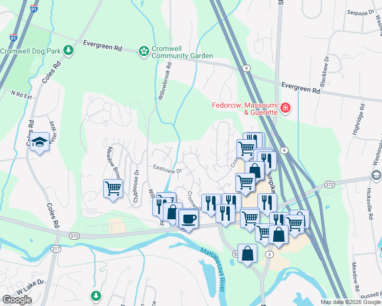 map of restaurants, bars, coffee shops, grocery stores, and more near 1212 Cromwell Hills Drive in Cromwell