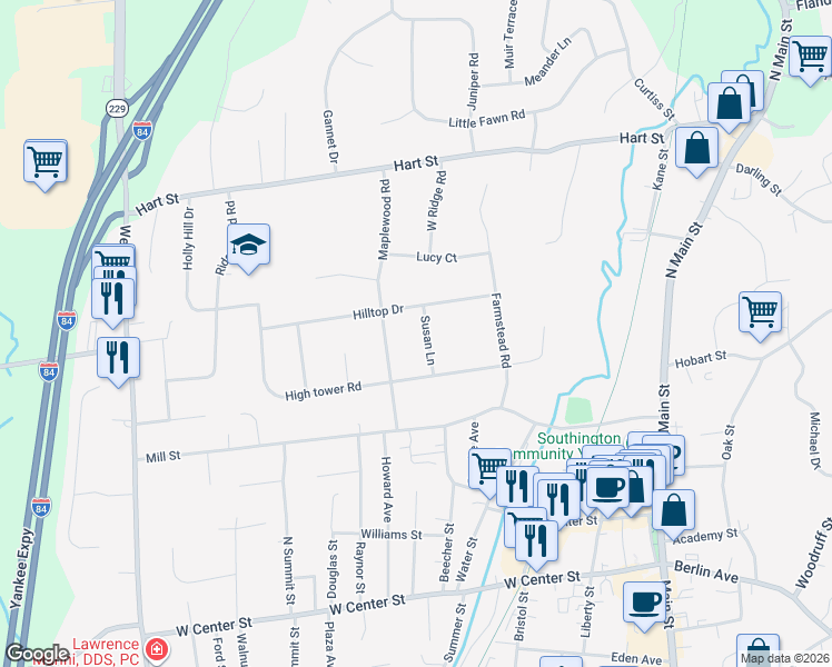 map of restaurants, bars, coffee shops, grocery stores, and more near 46 Susan Lane in Southington