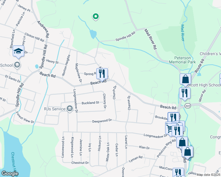 map of restaurants, bars, coffee shops, grocery stores, and more near 7 Church Drive in Wolcott