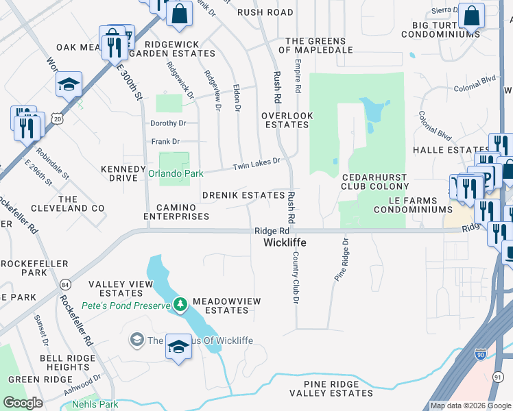 map of restaurants, bars, coffee shops, grocery stores, and more near 1942 Frances Court in Wickliffe