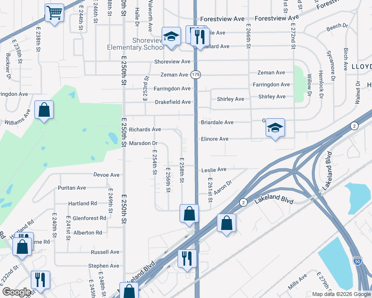 map of restaurants, bars, coffee shops, grocery stores, and more near 735 East 258th Street in Euclid