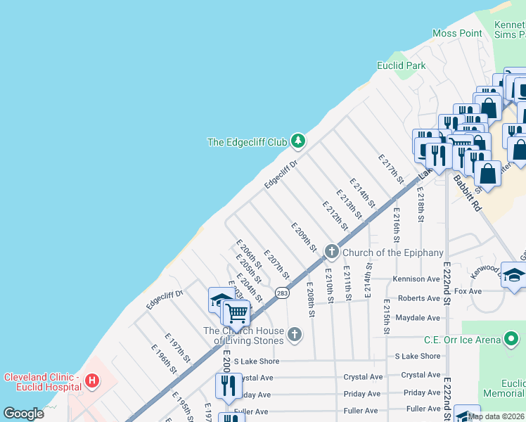 map of restaurants, bars, coffee shops, grocery stores, and more near 40 East 208th Street in Euclid